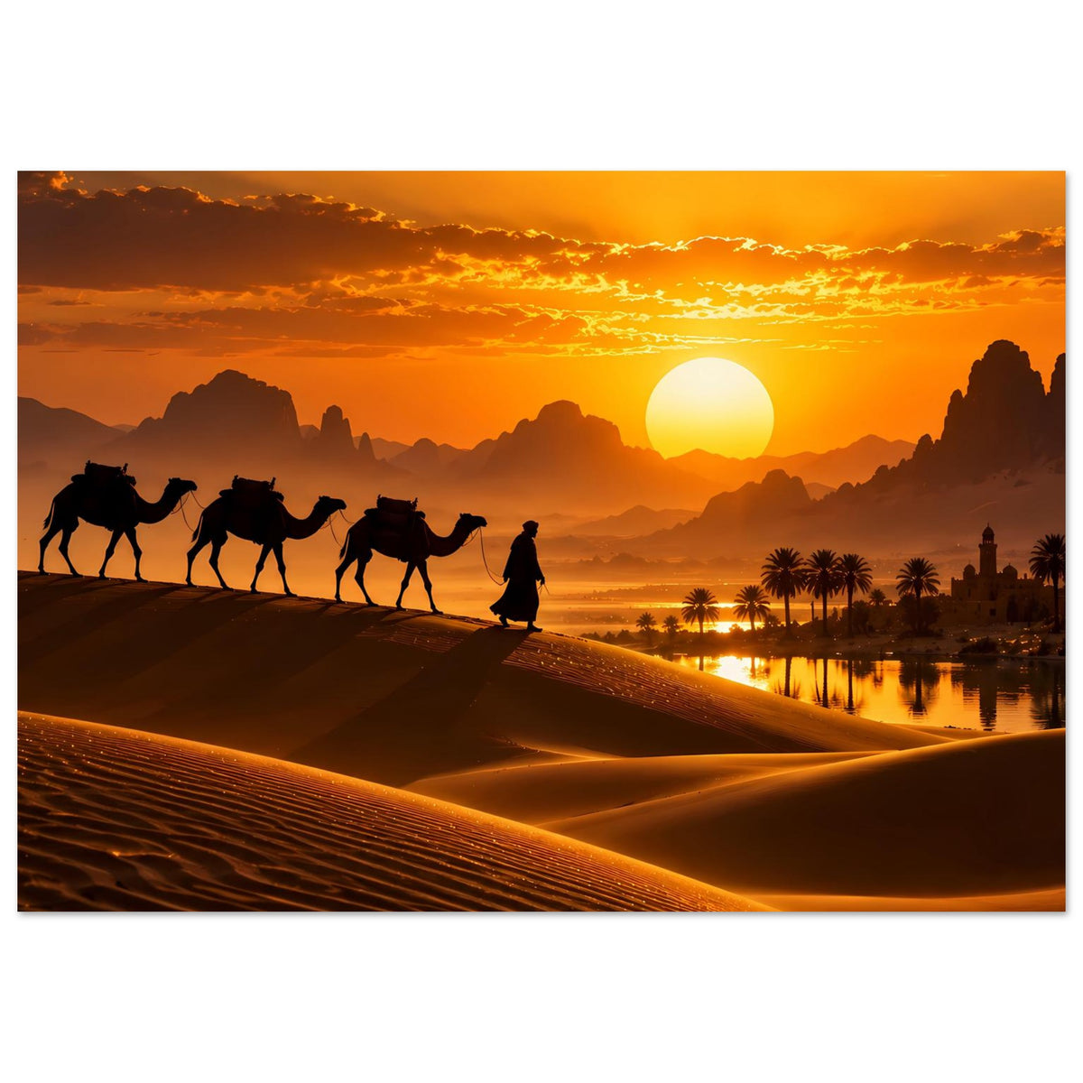 Premium-Poster: Horizontales Motiv mit Karawane aus Kamelen und Reiter bei Sonnenuntergang