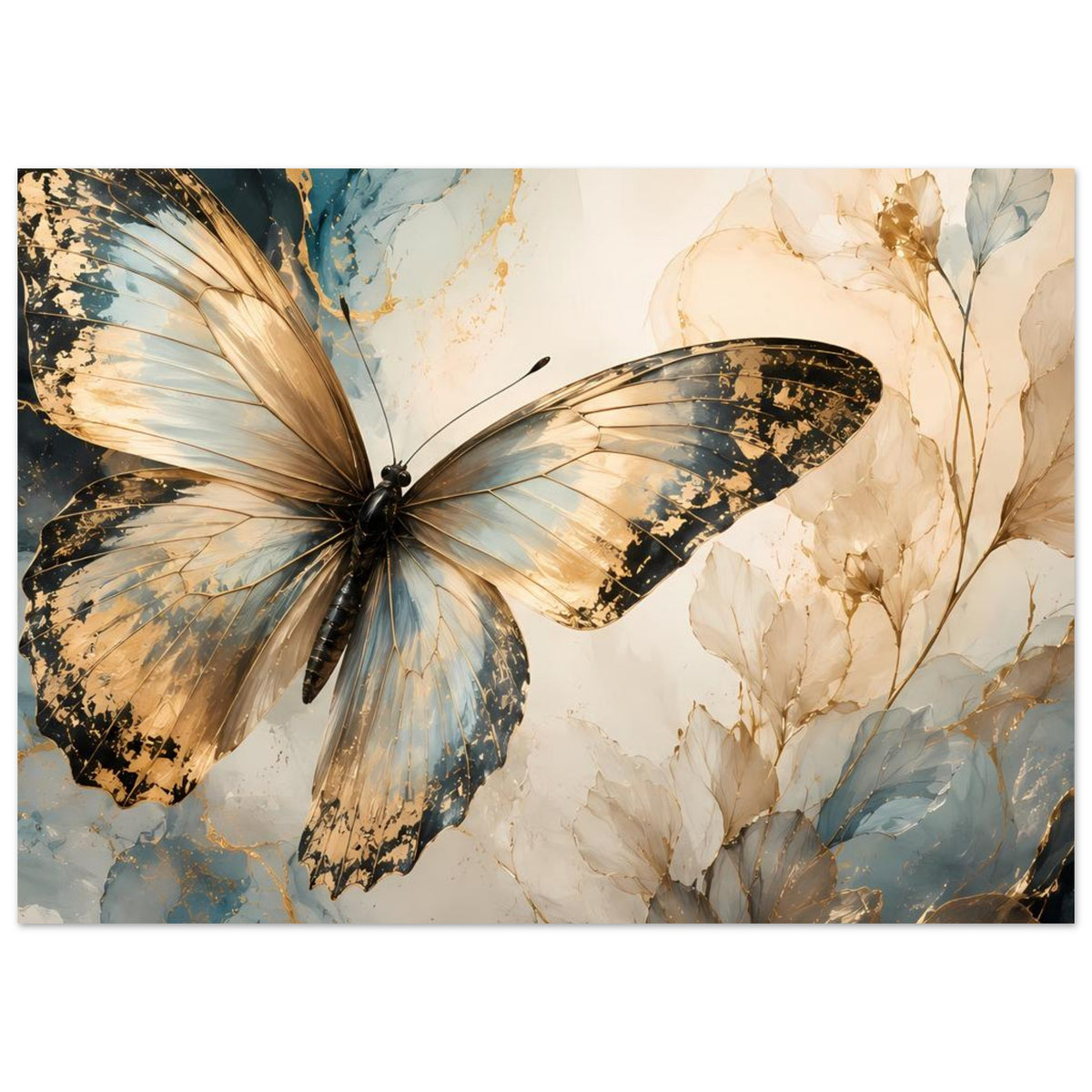 Schmetterlingskunstposter mit blau-goldenen Flügeln, beigen Blüten und feinen Blattzweigen