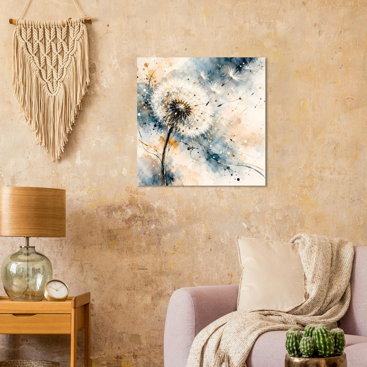 Kunstposter mit Pusteblume, Blau- und Goldtönen auf hellem Hintergrund