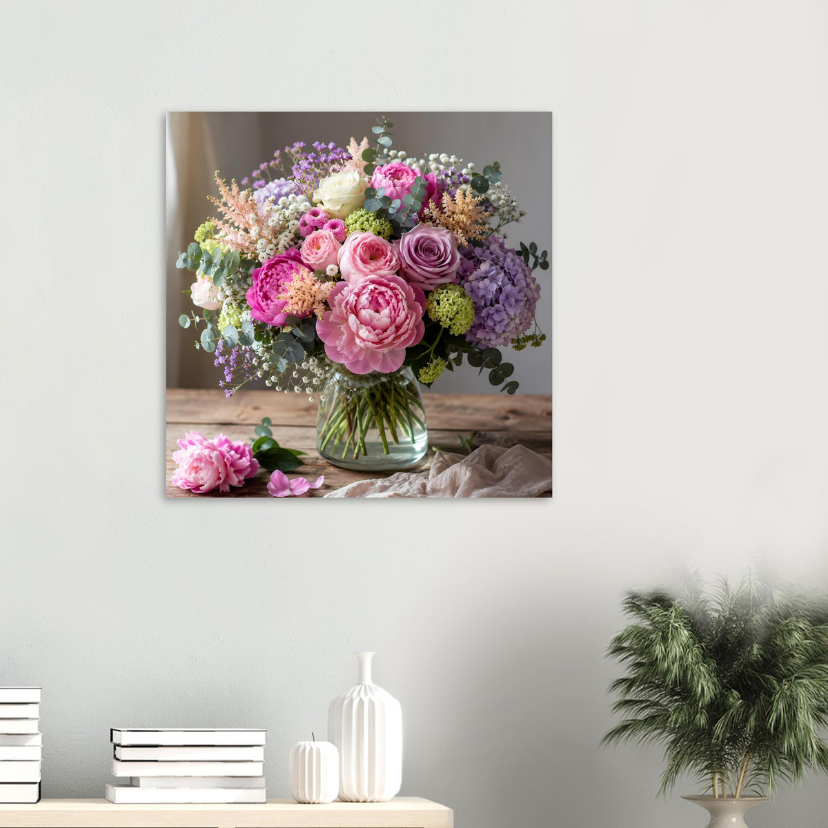 Blumenposter im Quadratformat mit Pastell-Bouquet aus Rosen, Hortensien und Eukalyptus in Vase
