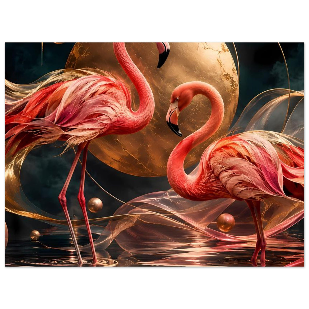 Kunstposter: Flamingos in Rosa, goldene Mondkugel und kleine goldene Kugelakzente
