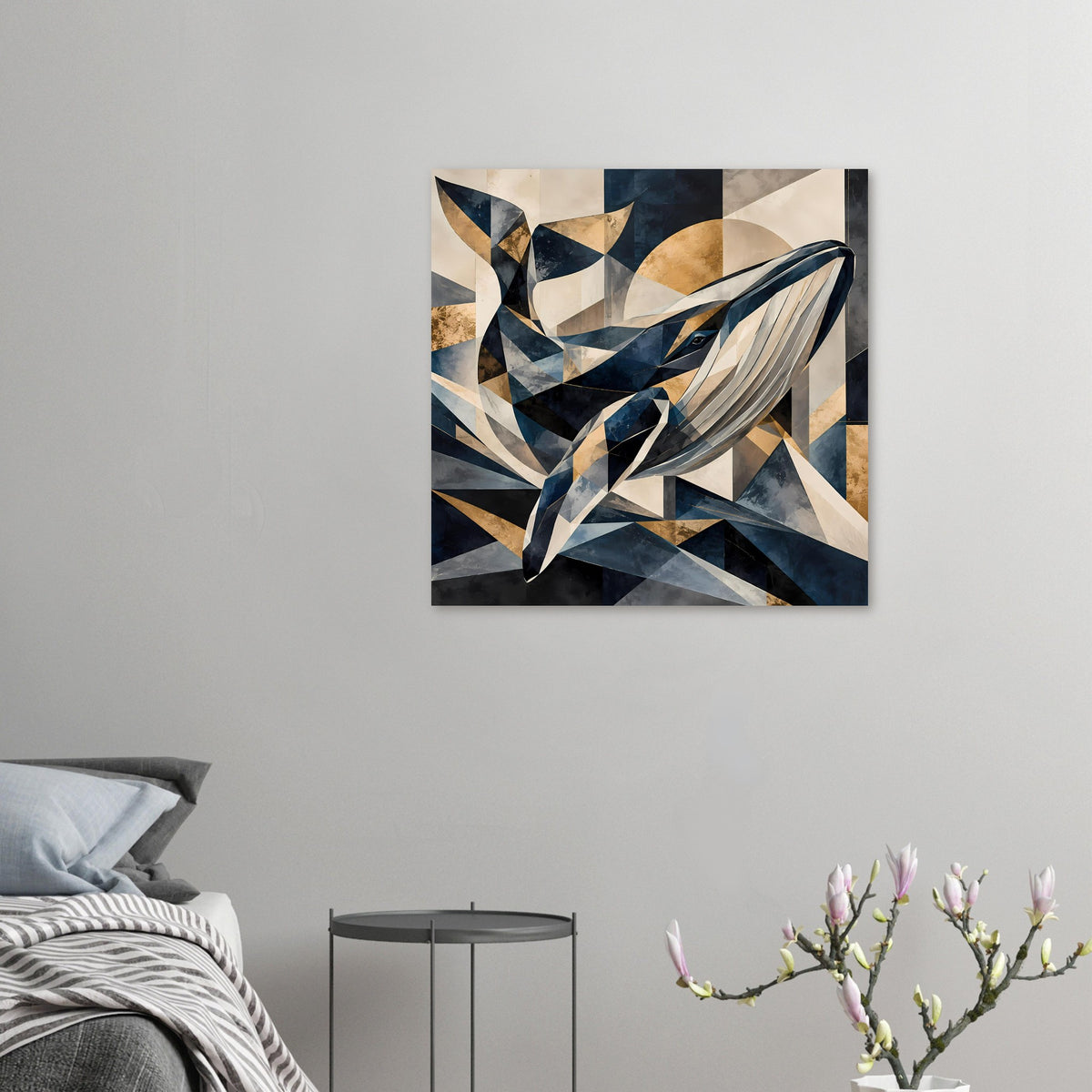 Geometrisches Wal-Artwork als Poster, kleines Wandbild mit Walmotiv in Blau, Creme und Gold