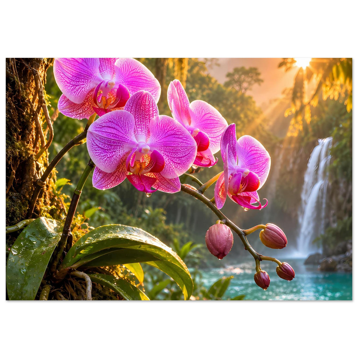 Poster im Querformat mit pinken Orchideenblüten, Knospen und Wasserfall rechts