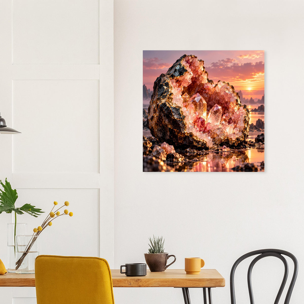 Kristallgeoden-Poster mit gold-rosa Schimmer und Lichtreflexionen