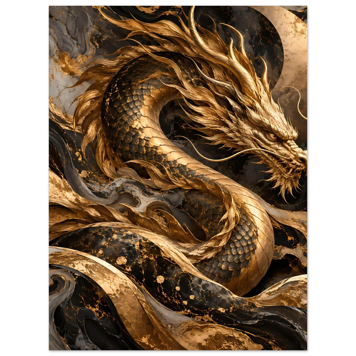 Fantasy-Poster mit goldener Drachenfigur, Kopf und gewundener Körper im Detail.