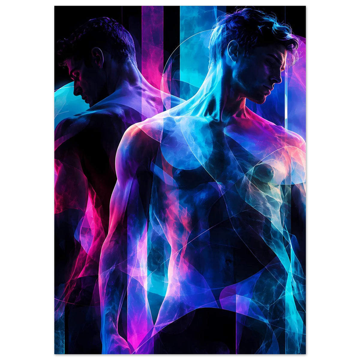 Leuchtendes Kunstposter mit zwei Silhouetten, leuchtende Linien in Blau und Pink