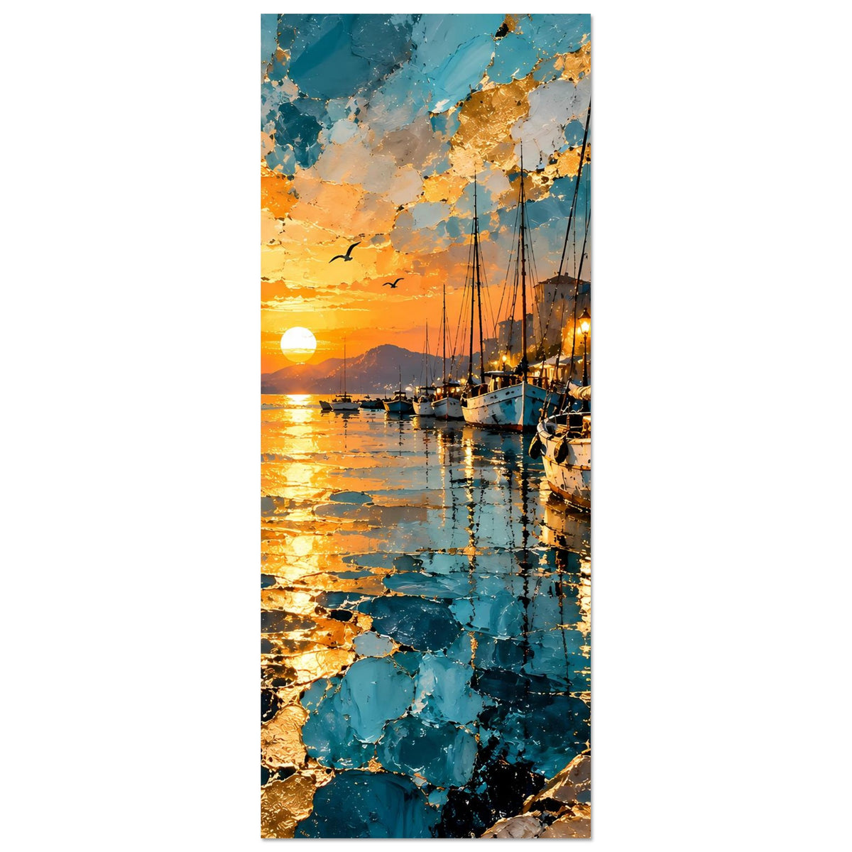 Vertikales Hafen-Sonnenuntergang Poster mit strukturierter Palette-Knife-Optik, Sonne und Wasser