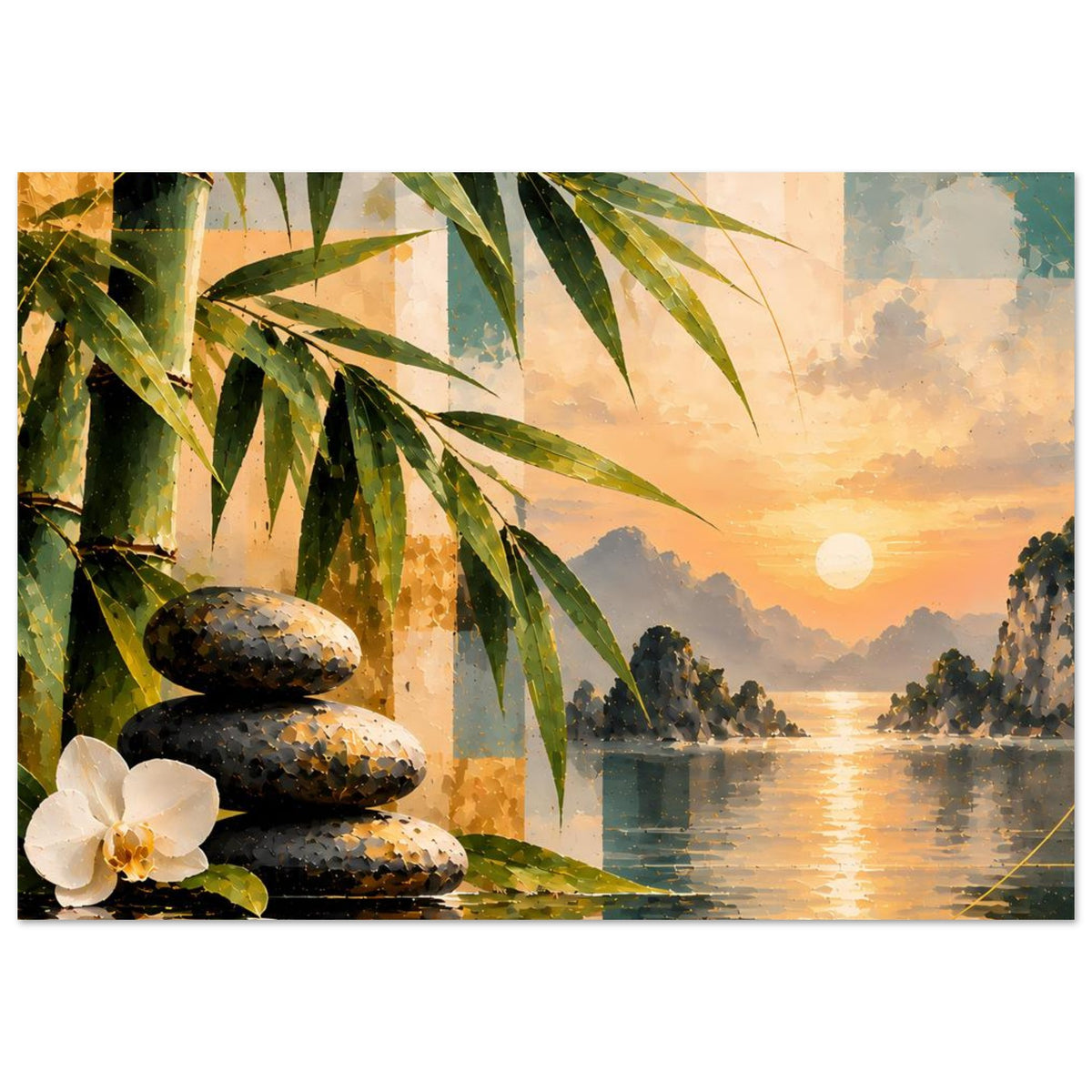 Zen-Poster mit Abendsonne am Horizont, Bambus, Steinen und Orchideenblüte