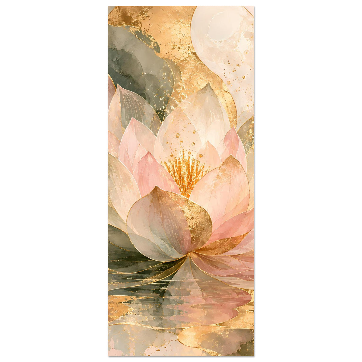 Vertikales Poster mit zarter Lotusblüte in Rosé, Gold und Beige.