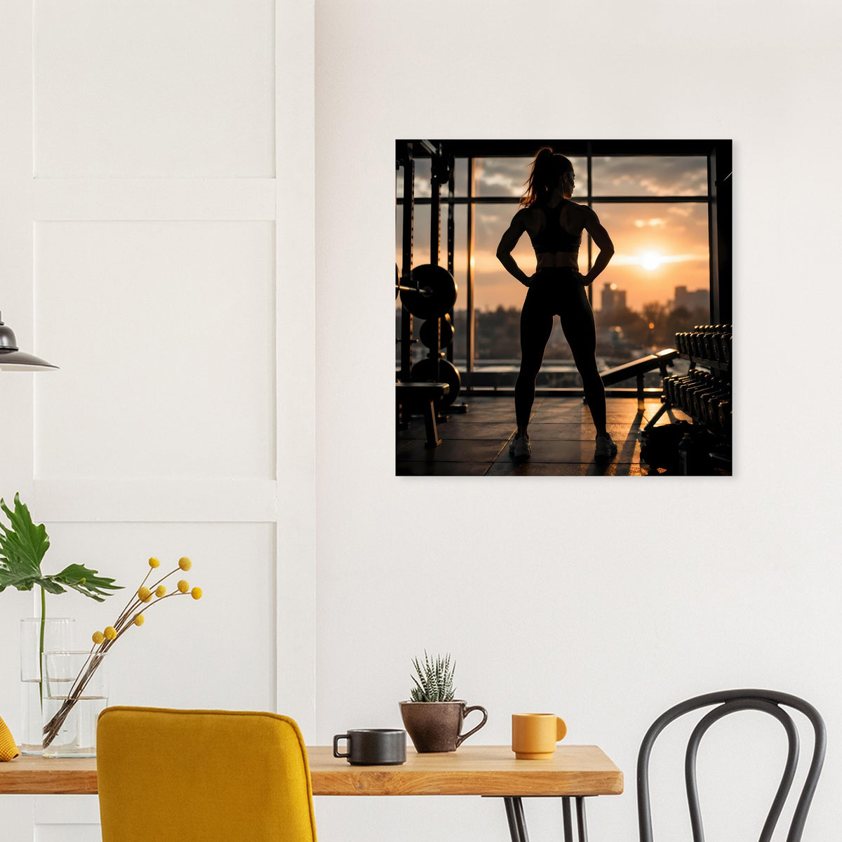 Trainingskunst-Poster mit schwarzem Rahmen: Silhouette einer Frau vor untergehender Sonne