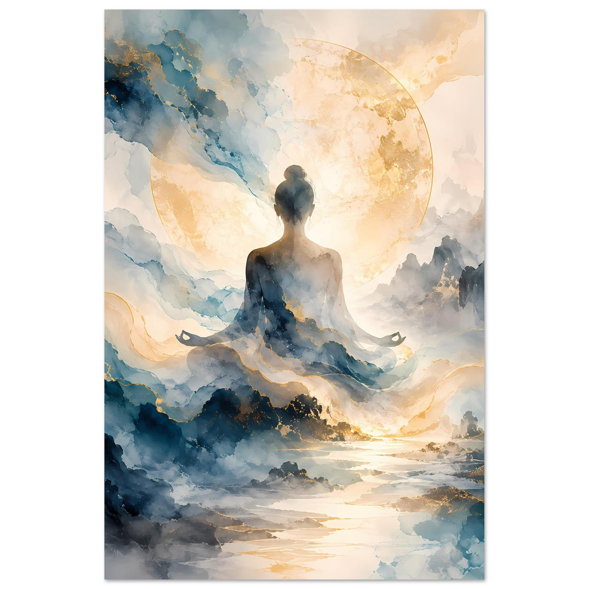 Vertikales Zen-Poster: meditierende Silhouette vor goldenem Mond, blaue Wolken & Berge