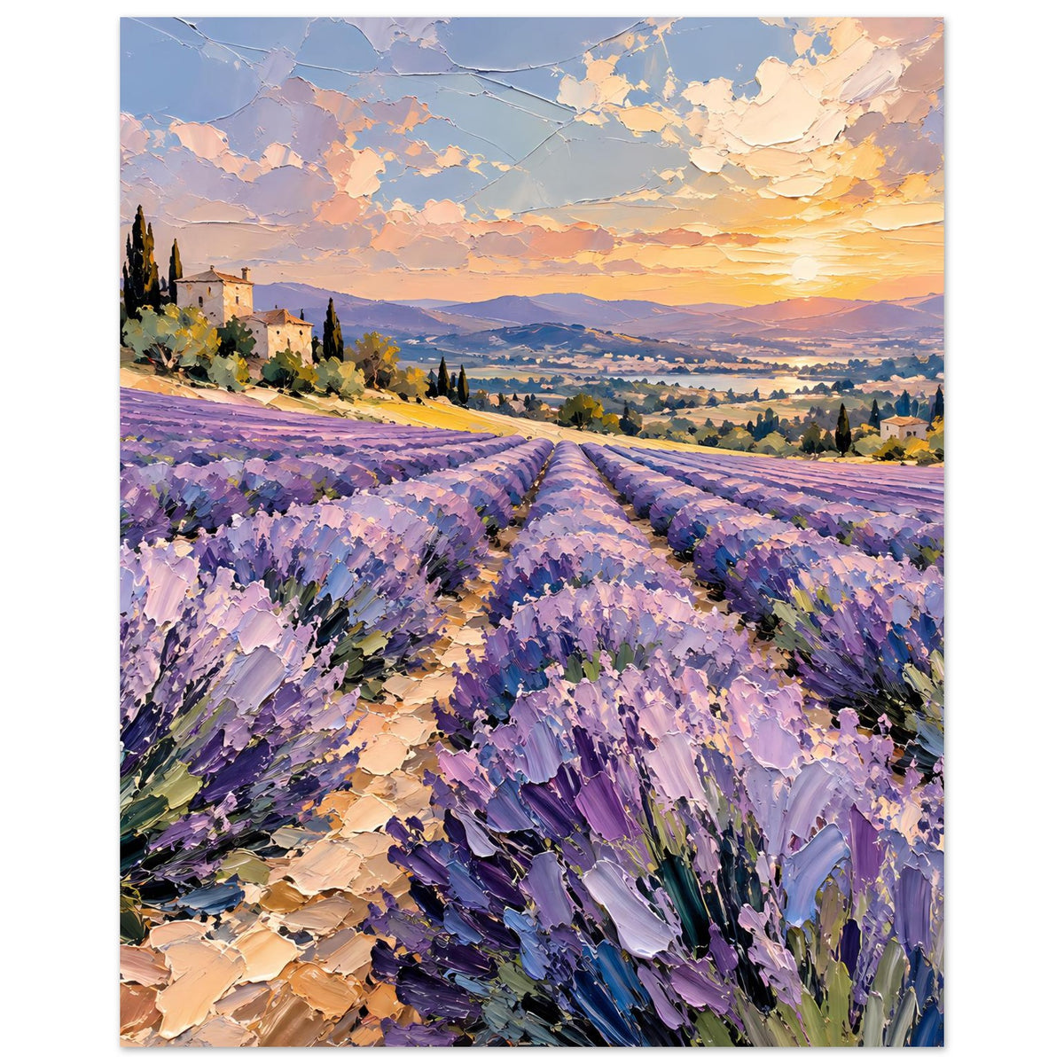 Lavendelfeld-Poster im Hochformat: violette Blüten, Häuser am Hang, Sonnenuntergang