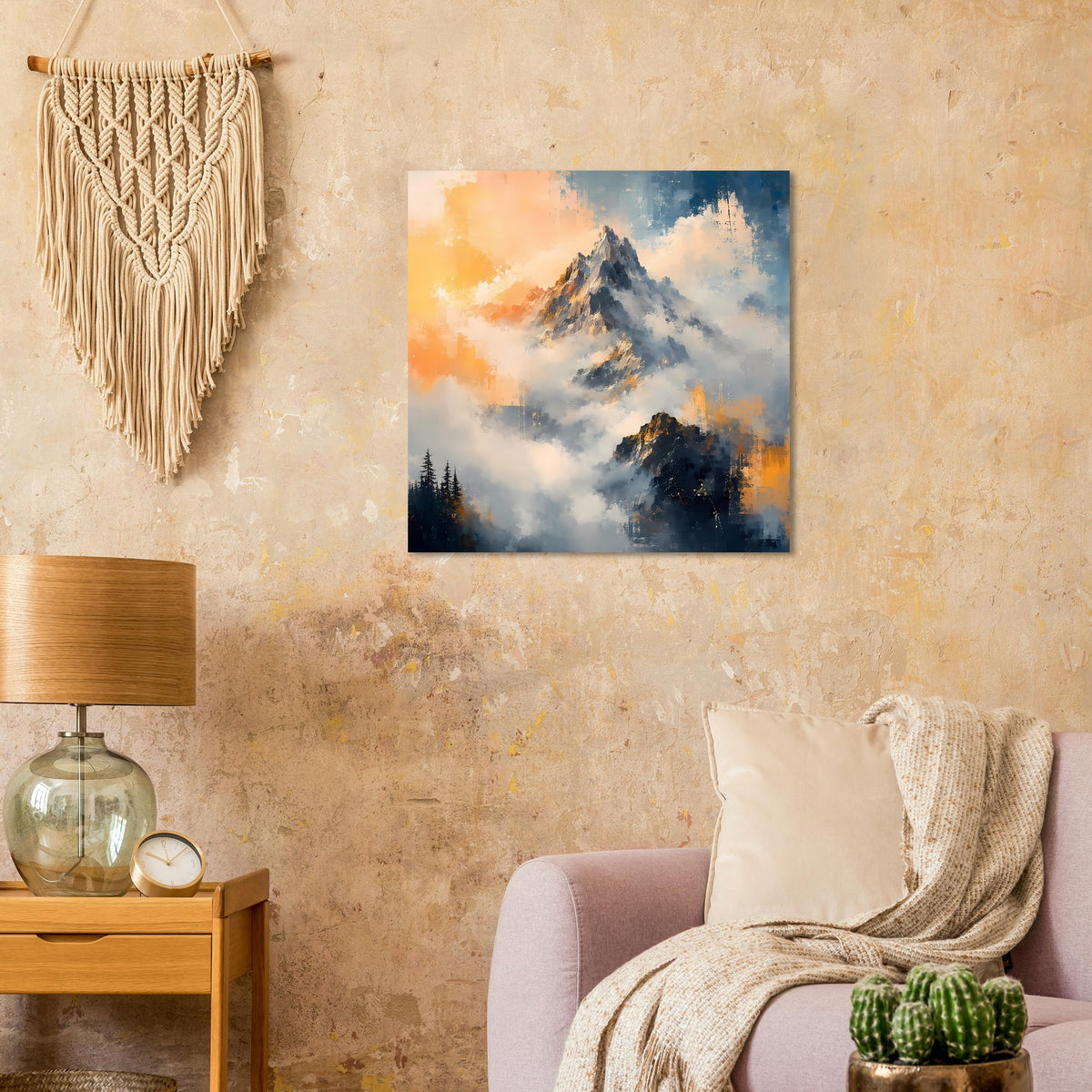 Poster mit Gebirgsmassiv, bewölktem Himmel und orangefarbenen Sonnenstrahlen