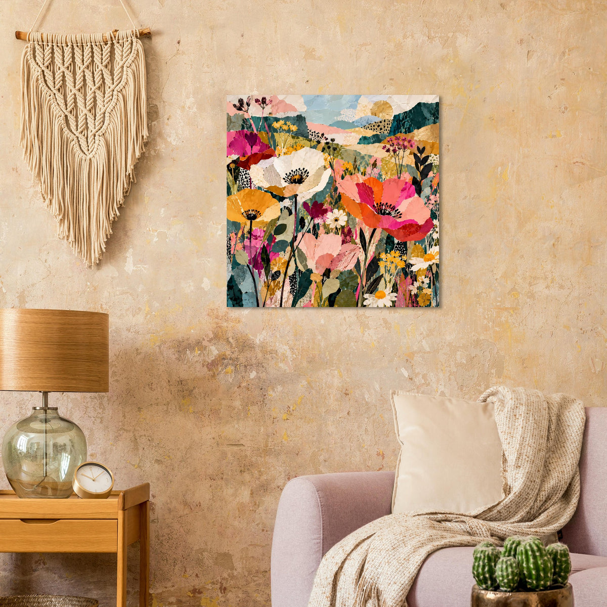 Quadratisches Poster mit bunten Blumenmischungen in Pink, Orange, Gelb und Grün