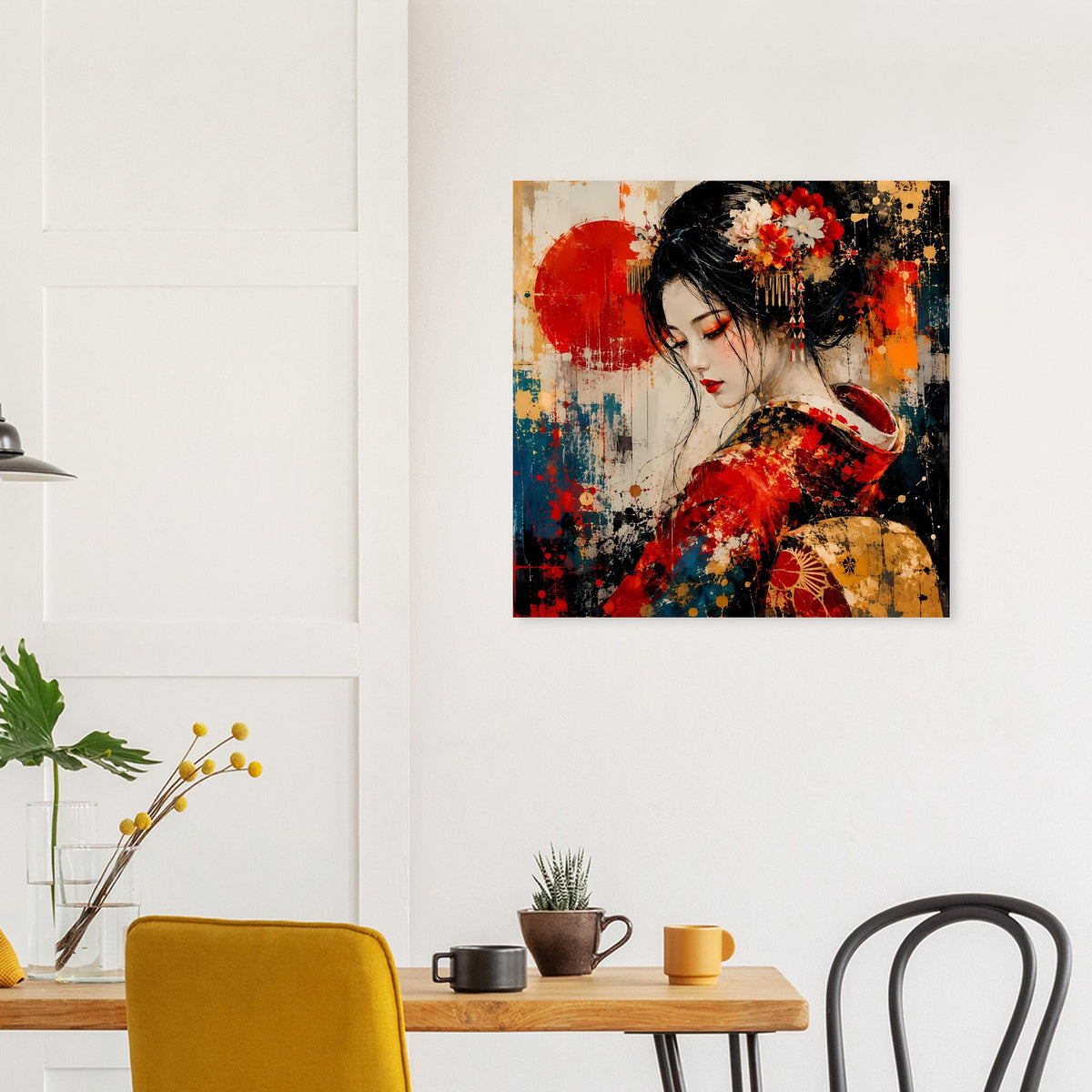 Wandposter: Geisha im roten Kimono mit goldenen Mustern, Farbkleckse im Kunststil.