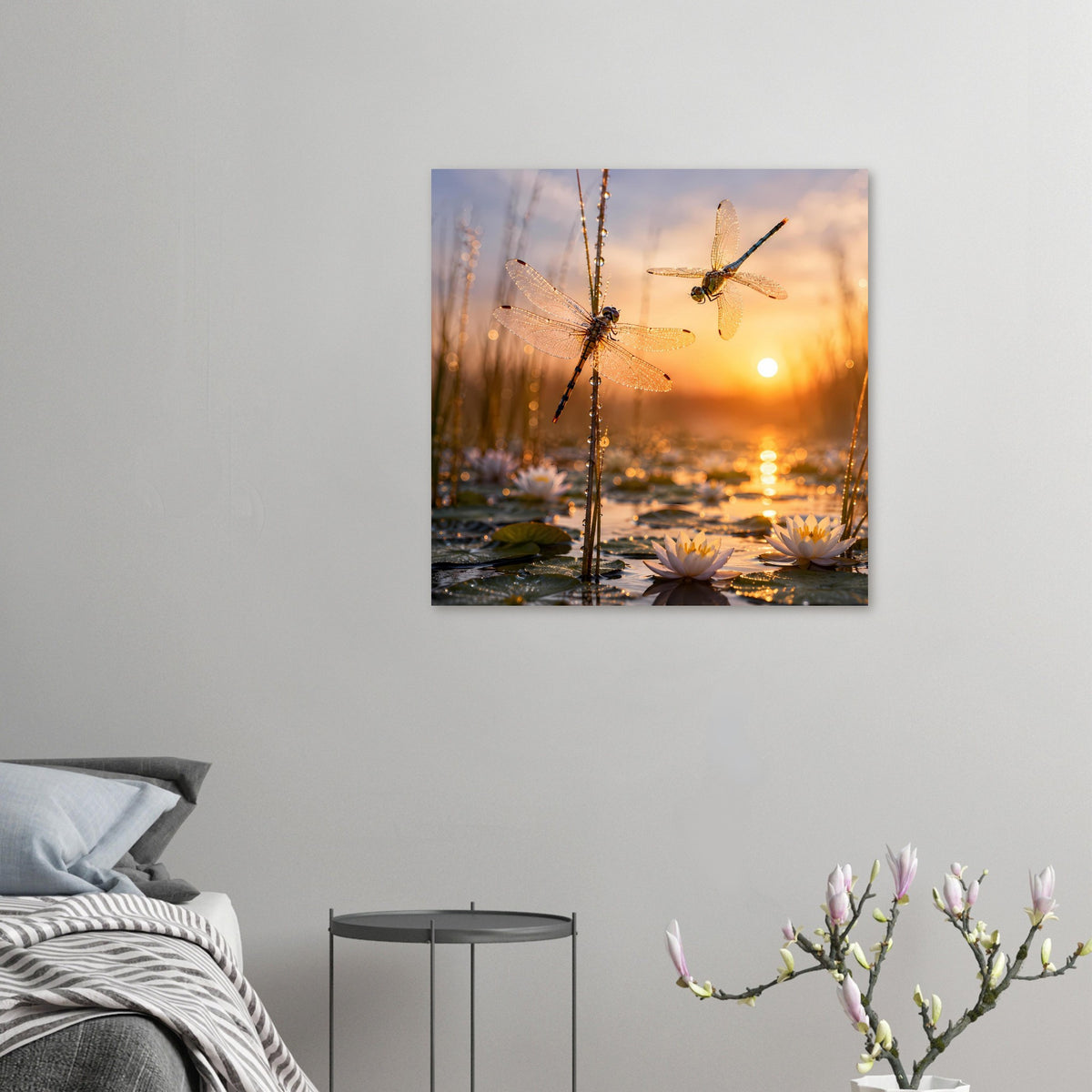 Wandposter mit zwei Libellen über Seerosen, warm beleuchtete Sonnenuntergangsszene