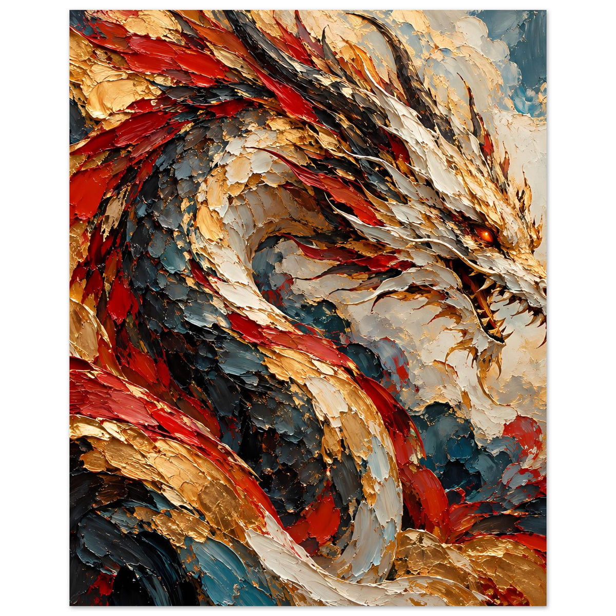 Fantasy-Poster im Hochformat: Drachenkörper in Rot, Gold und Grau, scharfer Blick