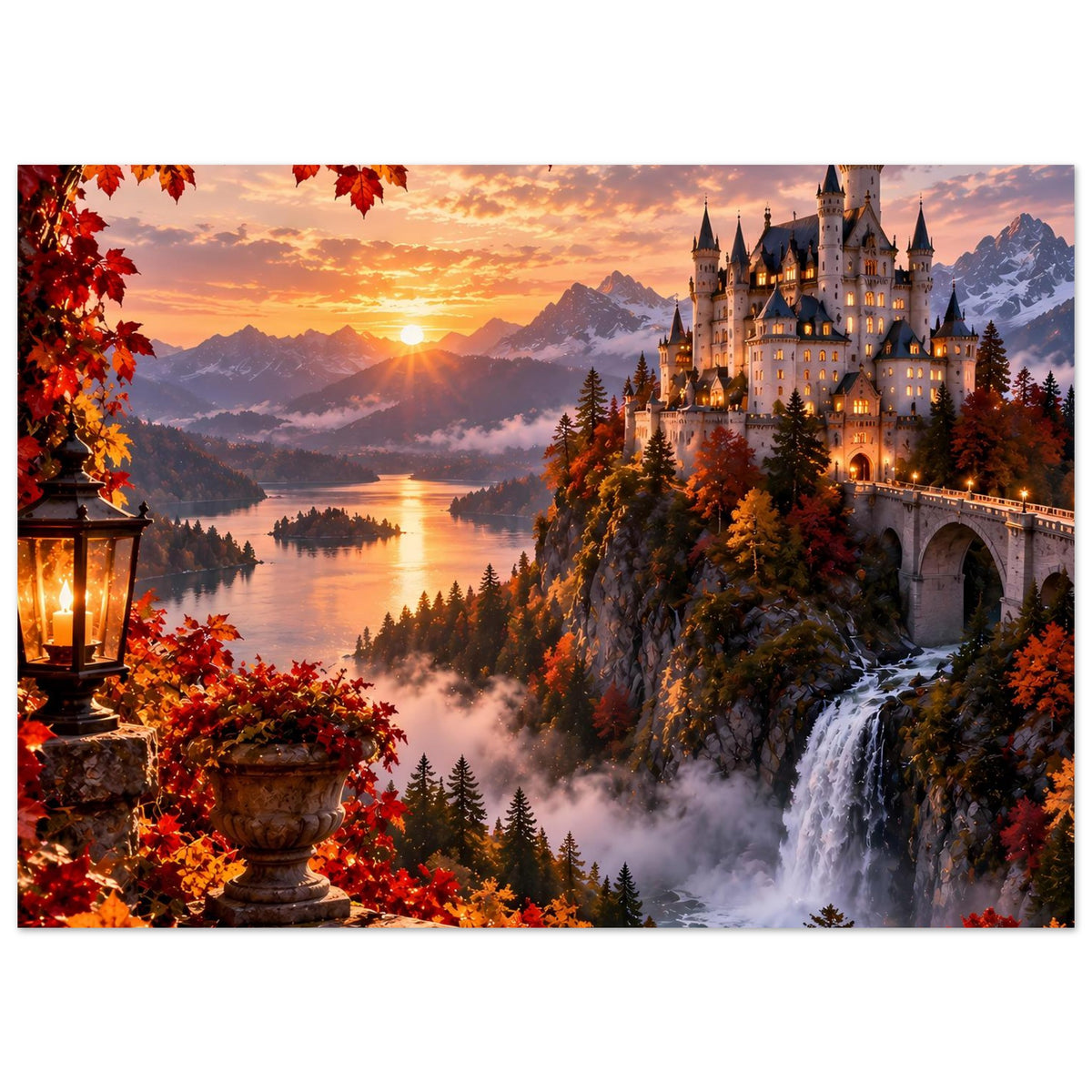 Herbst-Poster im Querformat mit Schloss, See bei Sonnenuntergang, Laub und Wasserfall rechts.