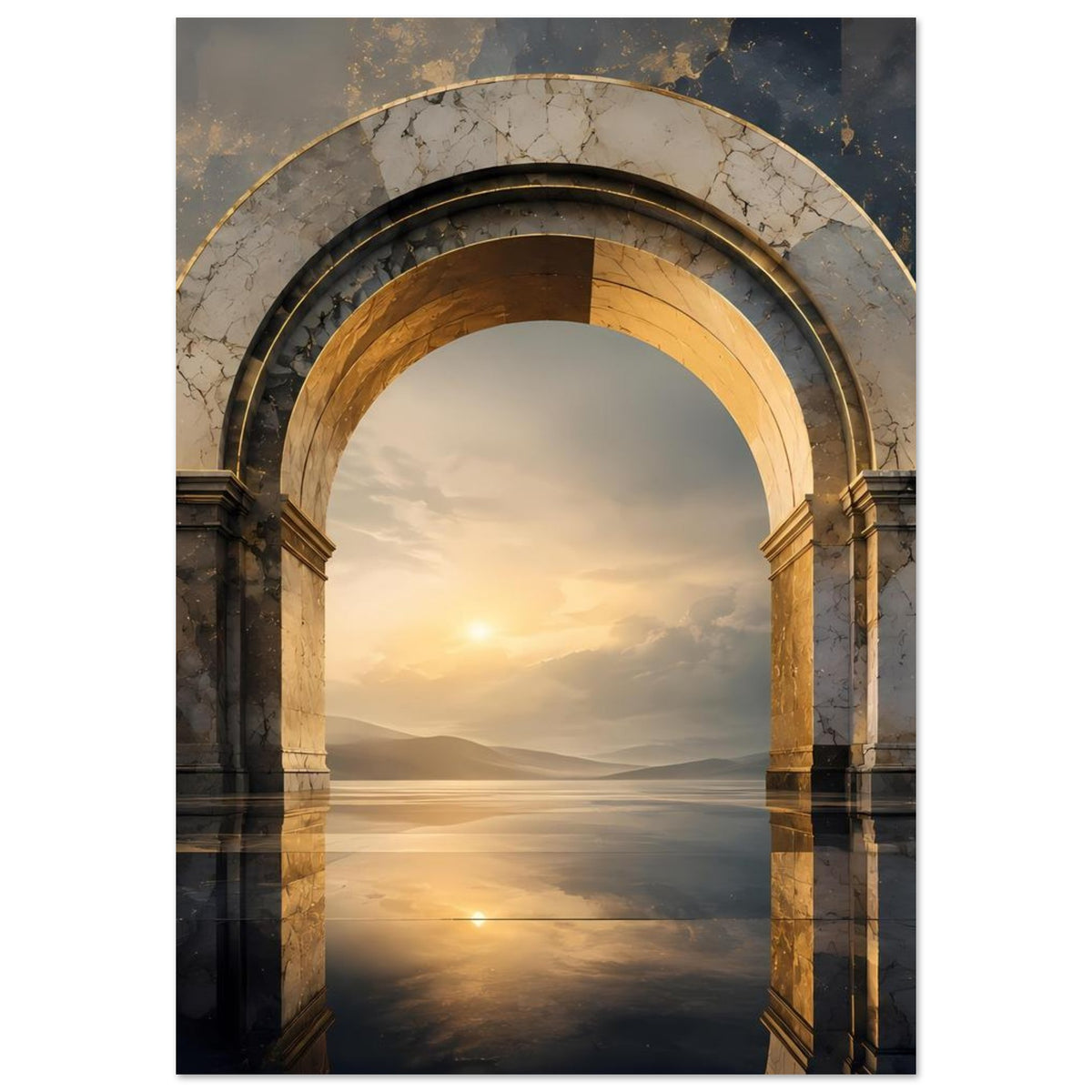 Poster mit Rundbogen aus Stein, goldene Akzente im Inneren und dunkle Säulen links/rechts