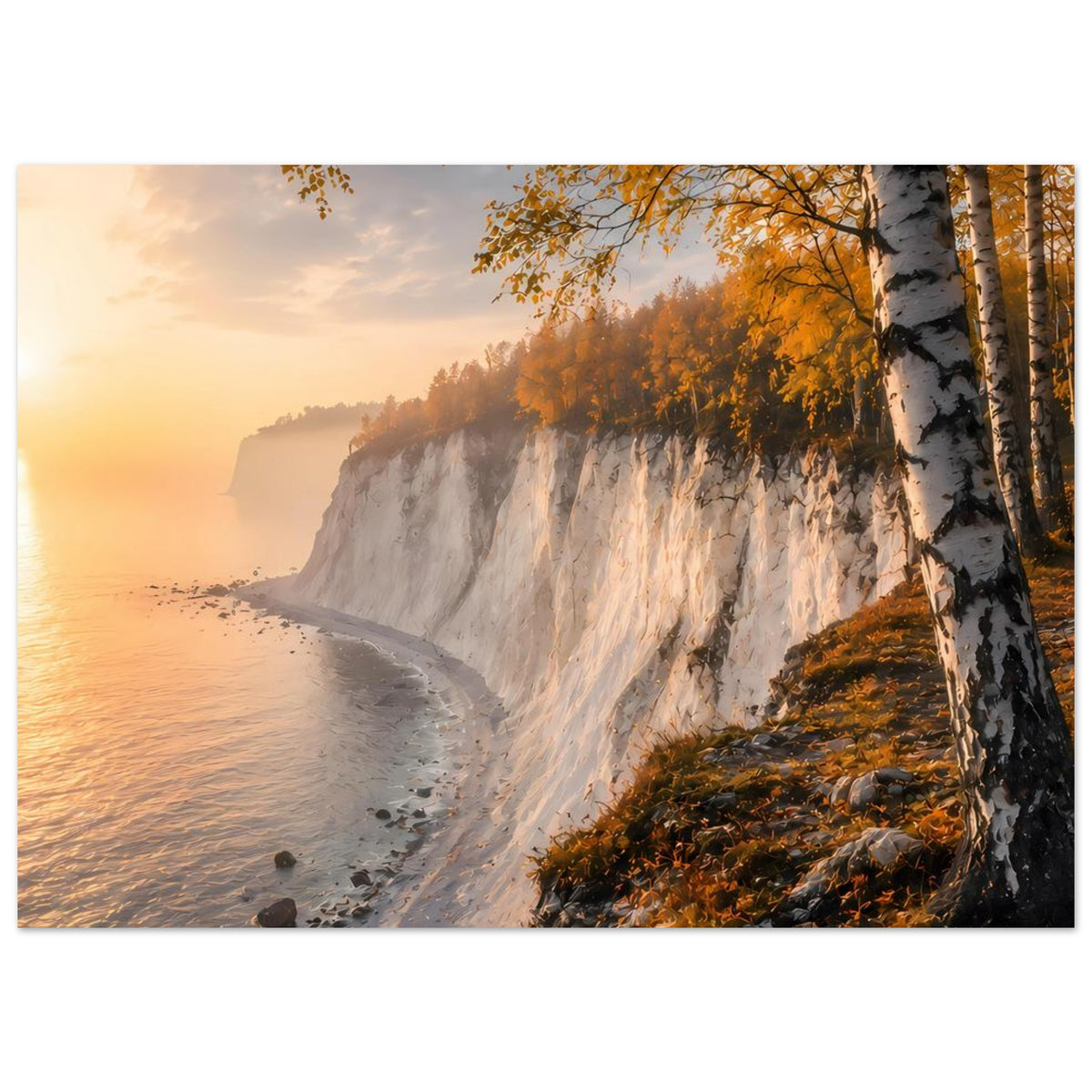 Horizontales Poster mit Felsklippe am Meer und Birken im Herbst bei Sonnenuntergang