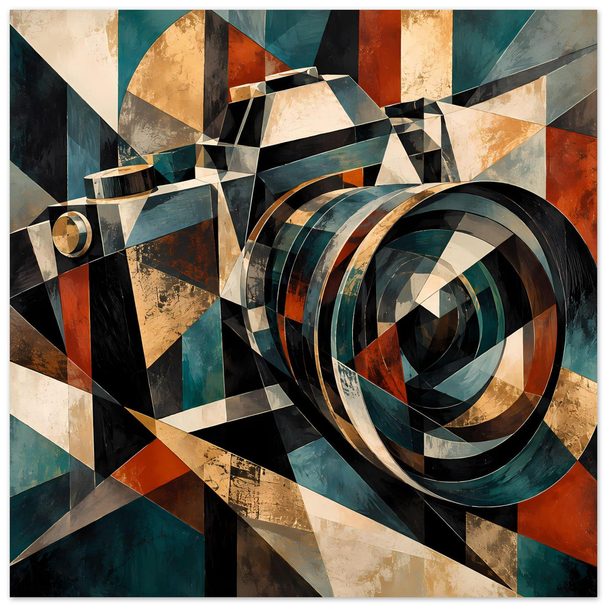 Retro-Poster mit geometrischer Kamera und großen Kreisringen in türkis, orange, schwarz