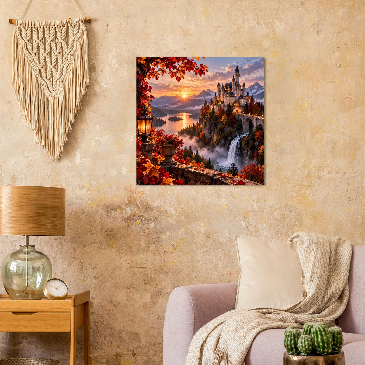 Quadratisches Poster mit Schlossanlage, Wasserfall und warmen Herbstfarben bei Dämmerung