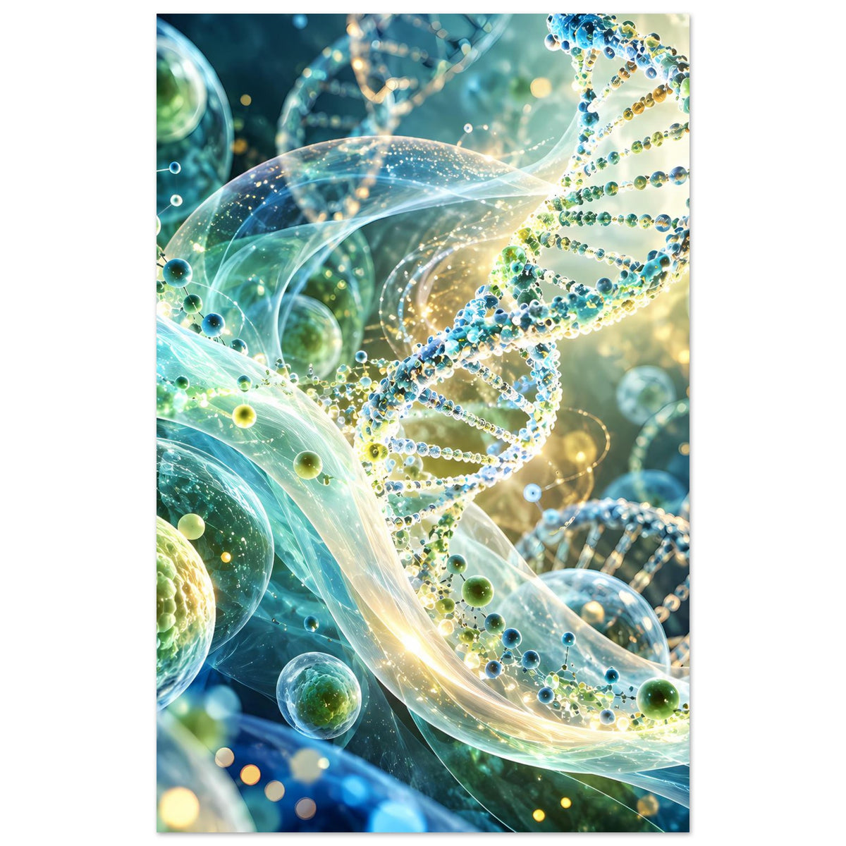 Vertikal angezeigtes Biotechnologie-Poster mit leuchtender DNA-Doppelhelix und schwebenden Kugeln