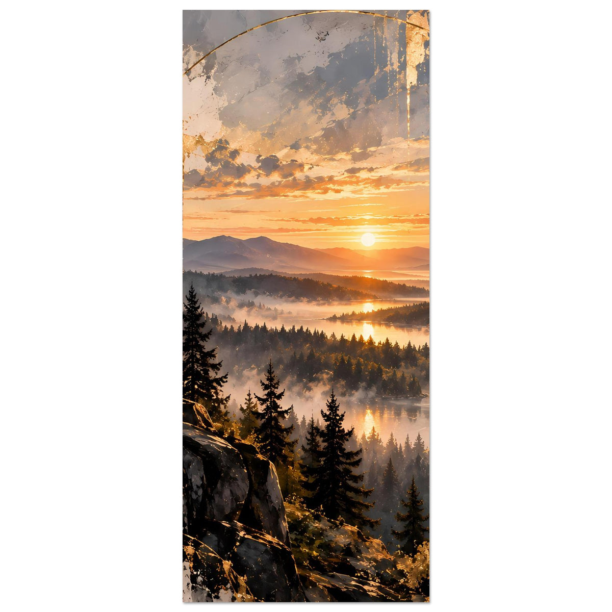 Hochformat-Landschaftsposter mit Sonnenaufgang über Wald und Nebel, Fels im Vordergrund
