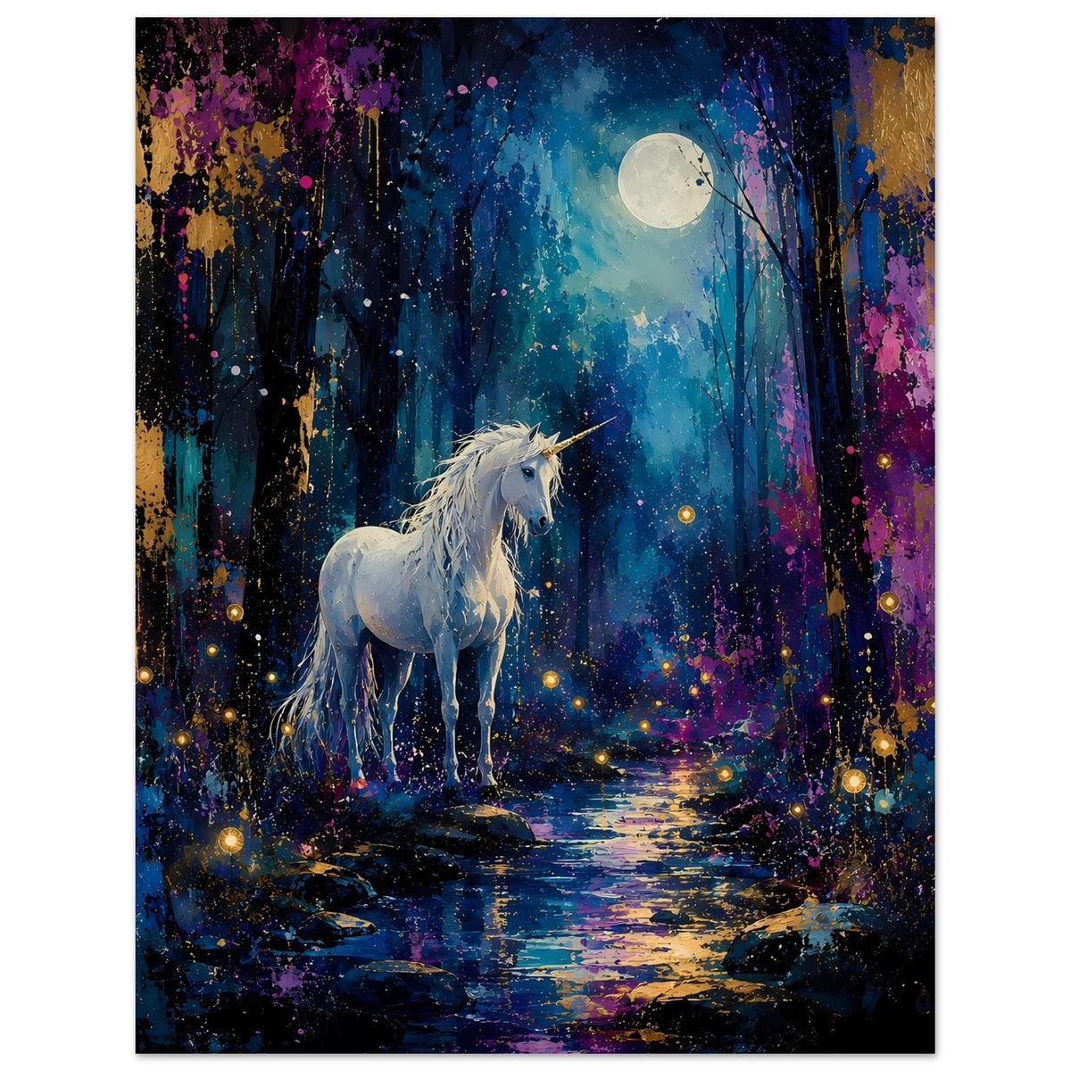 Gerahmtes Einhorn-Poster mit weißem Einhorn, hellem Mond und leuchtenden Punkten
