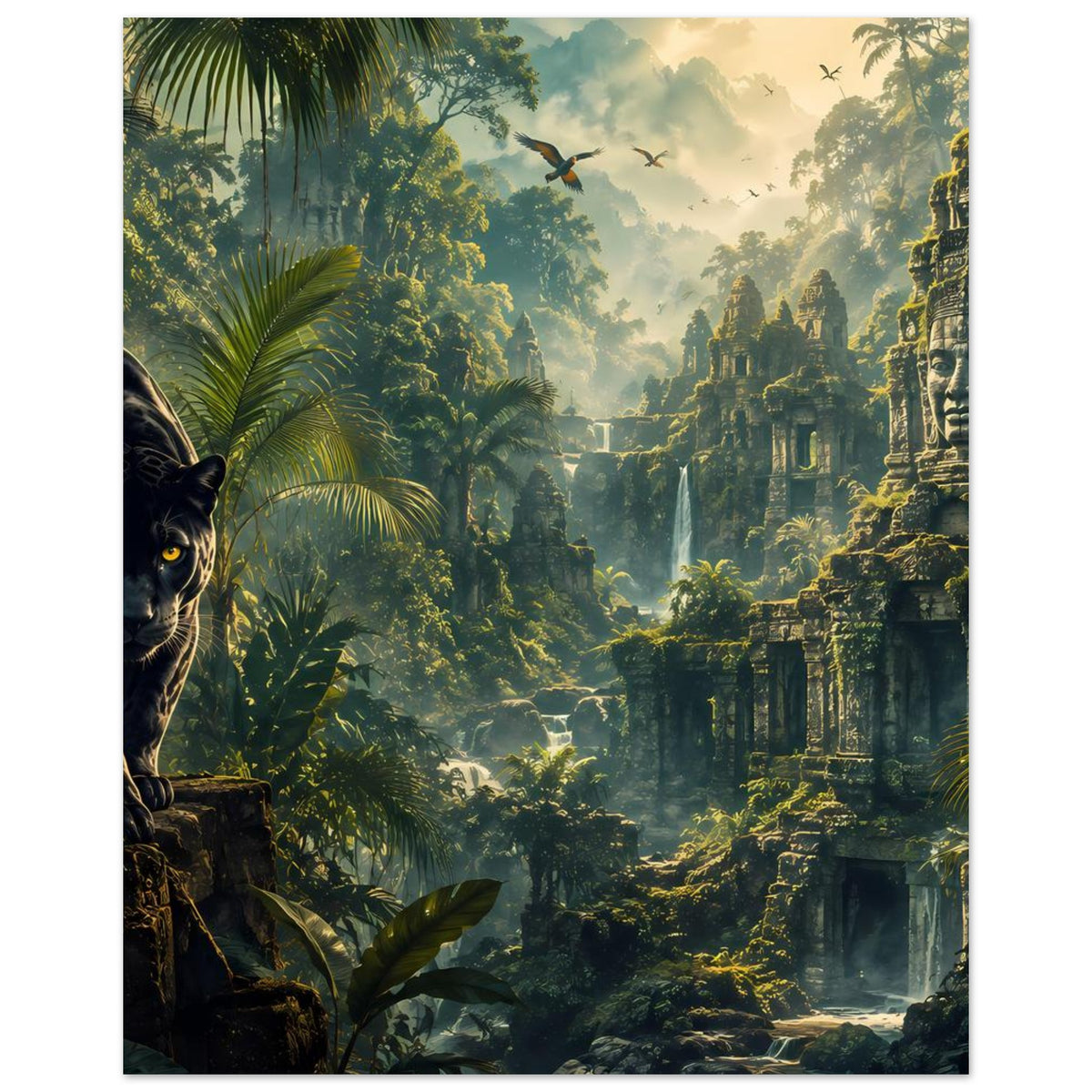 Poster im Hochformat mit schwarzem Panther, üppigem Dschungel und Tempelruinen