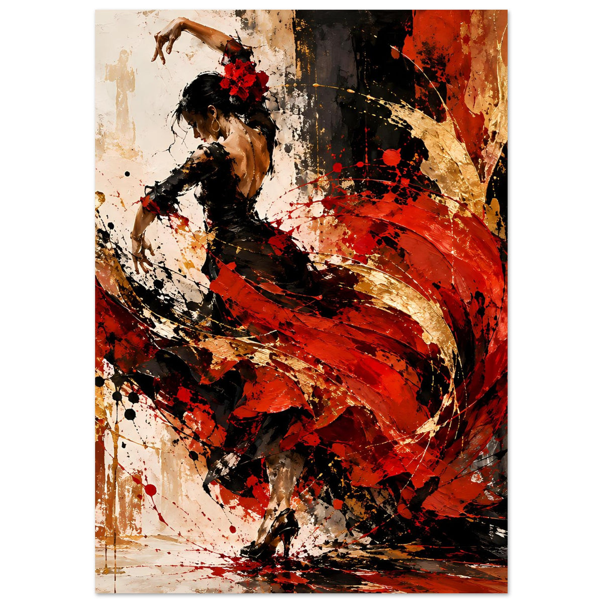 Vertikales Poster: Flamenco-Tänzerin in Schwarz mit rotem Wirbel und goldenen Akzenten