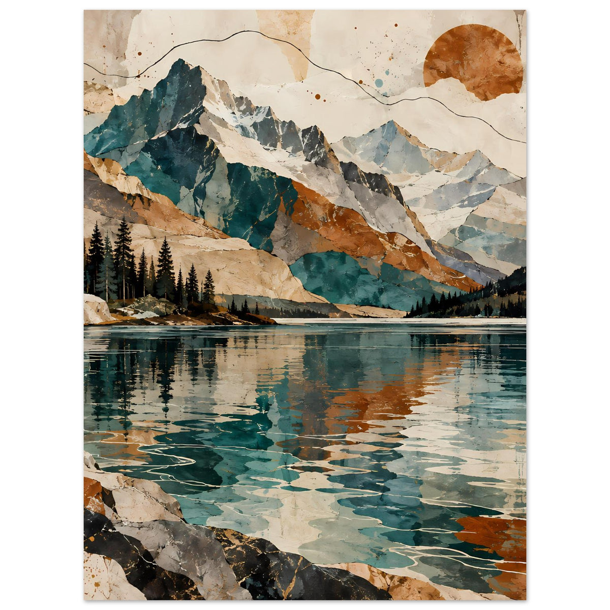 Vertikaler Kunstdruck mit Bergspitzen, Fichtenlinie, Wasserflächen und Sonnenscheibe
