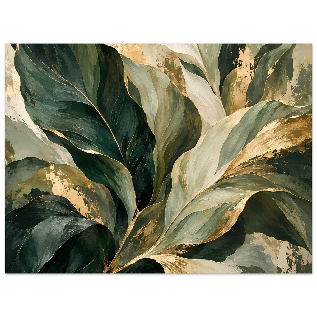 Botanisches Poster im Querformat mit großen grünen Blättern und goldenen Sprenkeln