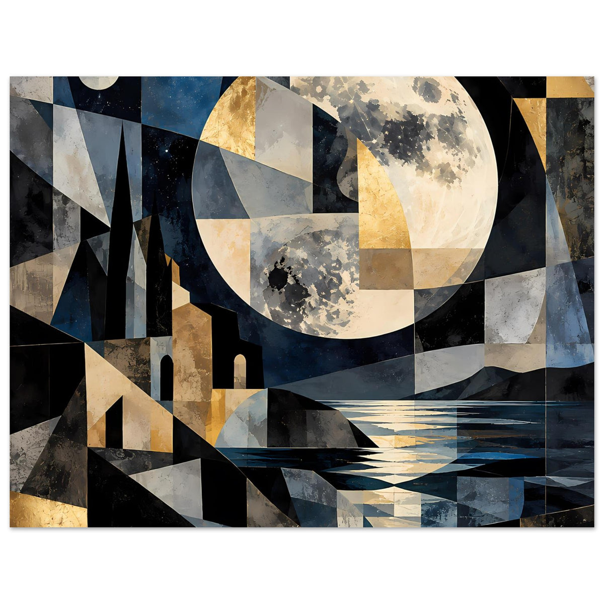 Poster im Querformat mit geometrischer Mondlandschaft, abstrakten Türmen und Brücke in Blau/Grau/Gold