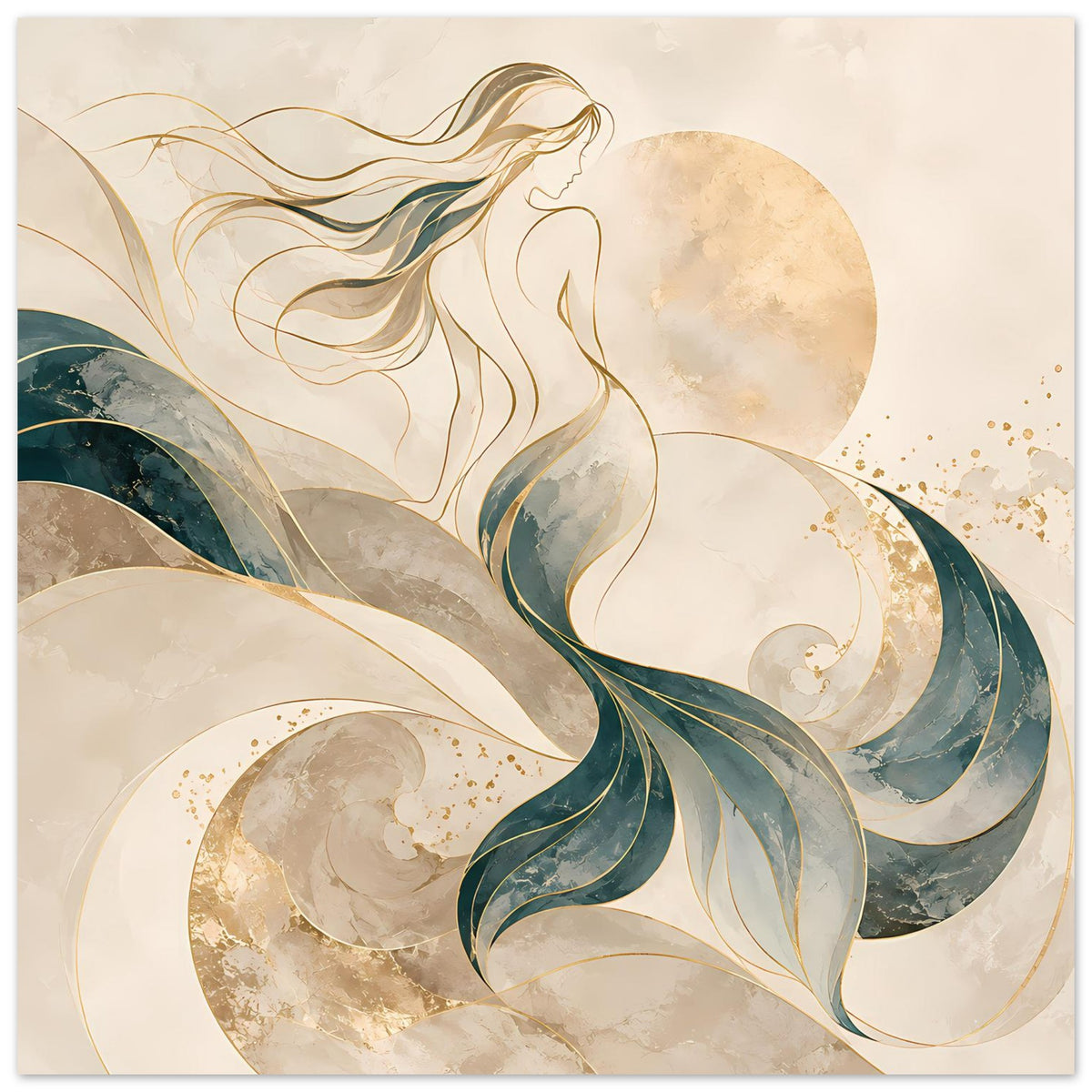 Fantasy-Kunstposter Meerjungfrau in Creme und Gold, goldene Kreismotive, türkisfarbene Flossen