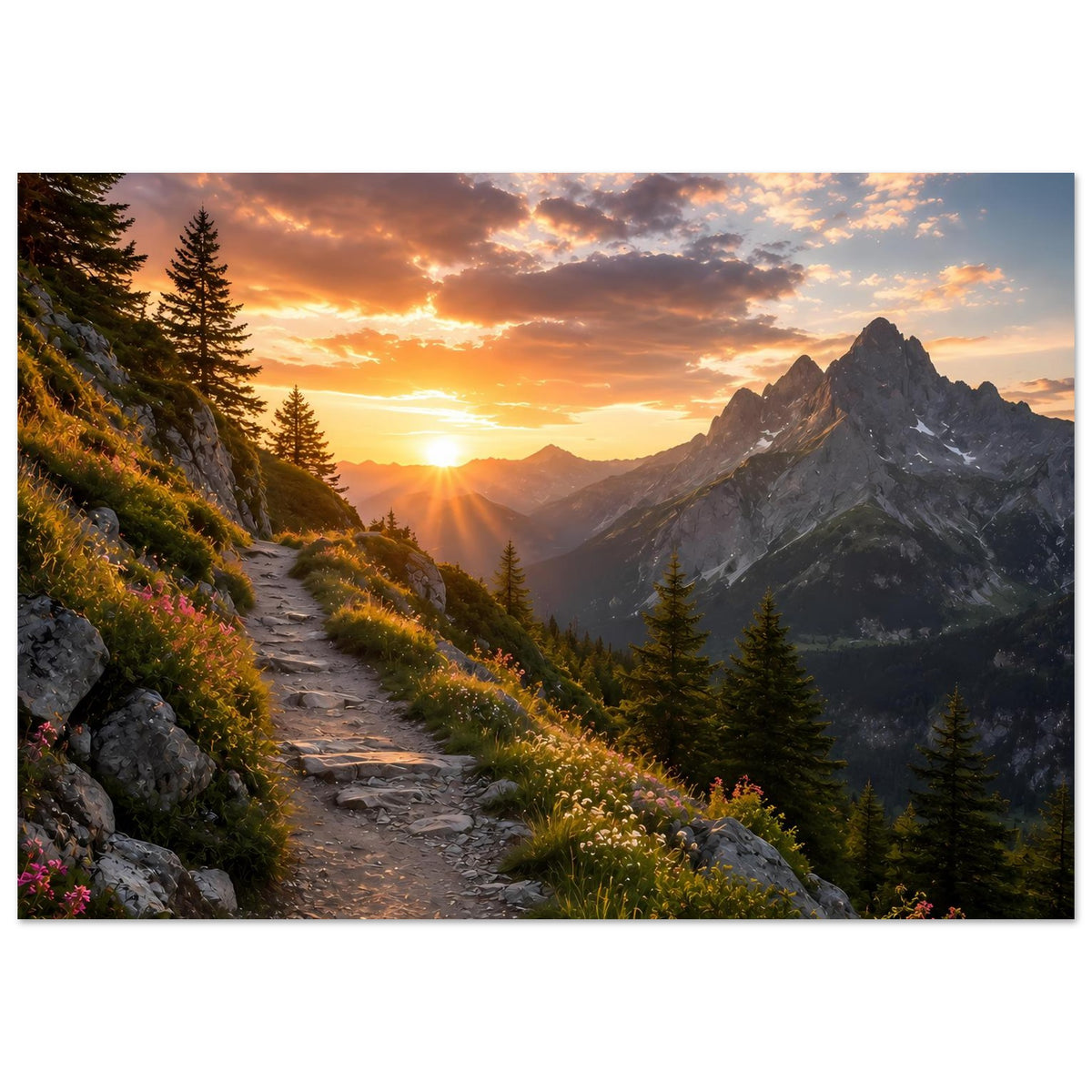 Poster: Sonnenuntergang über Bergen, felsiger Weg und Tannenwald im warmen Licht
