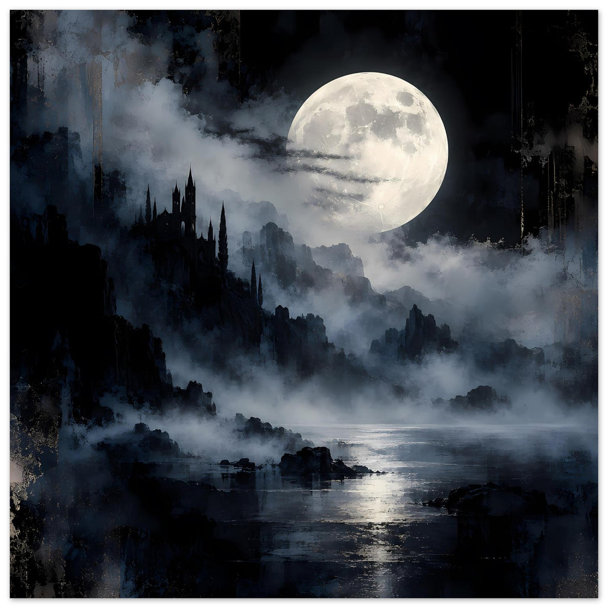 Landschaftsposter: Vollmond über Nebel, Silhouetten von Türmen und Burg am Wasser