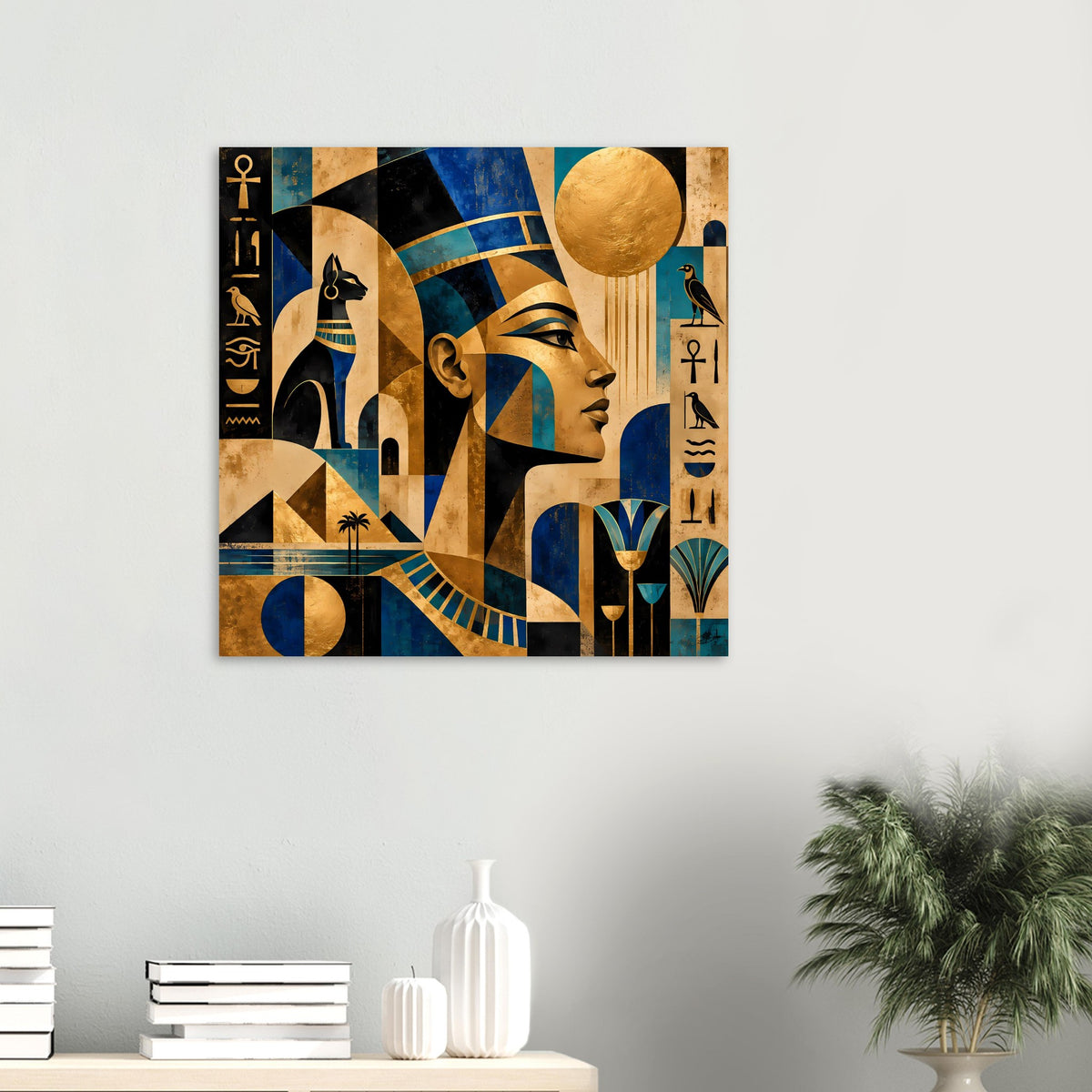 Quadratisches Wandposter mit ägyptischer Frauenprofil-Illustration in Blau und Gold