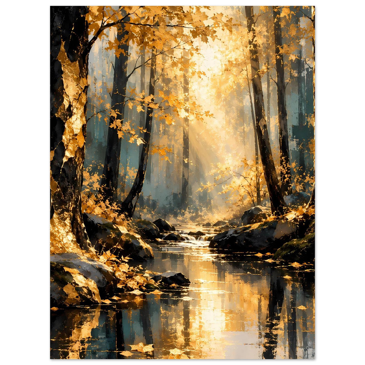 Herbstwald-Poster mit goldenem Licht, Bäumen und Bach im Vordergrund