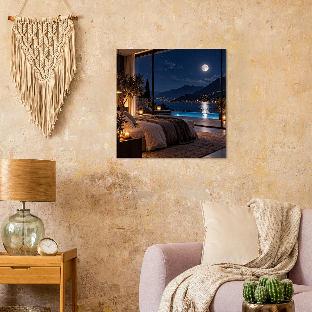 Poster mit Blick aus dem Zimmer: Mondnacht über Wasser, Terrassenbett im Licht
