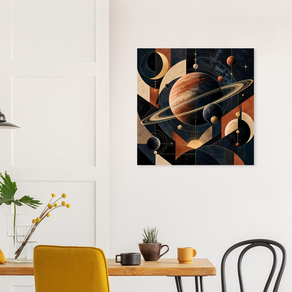 Wandposter mit Planet und Ringen: dunkle Bahnen und Punkte in warmen Erdtönen
