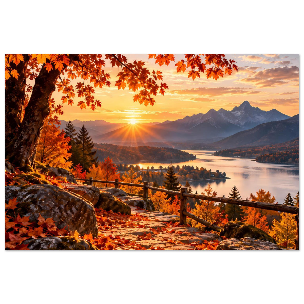 Herbstlandschafts-Poster, goldenes Licht über Bergen, Weg mit Blättern und Holzgeländer am Hang