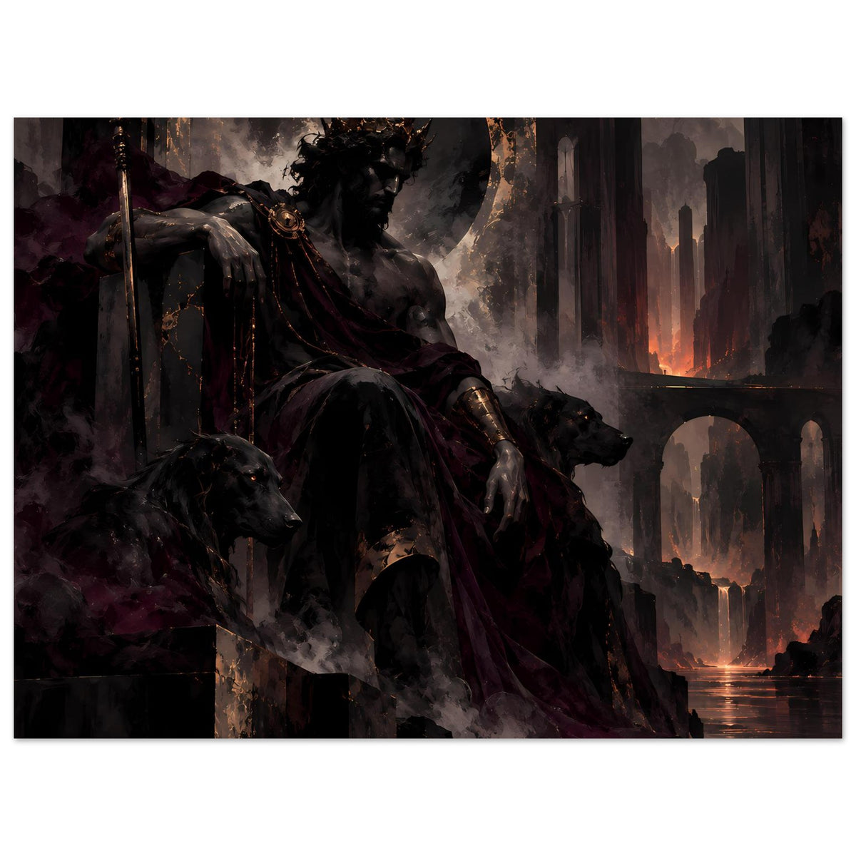 Fantasy-Poster im Querformat: Kriegerfigur mit Krone, Schwert und Mond