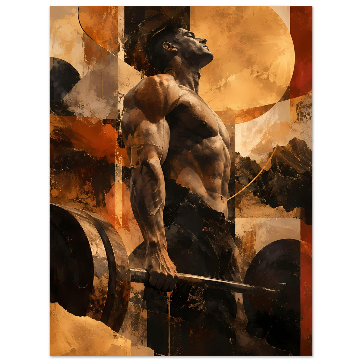 Fitness-Artposter mit aufgemaltem Hund an der Hantel, warmes Braun-Orange, vertikal