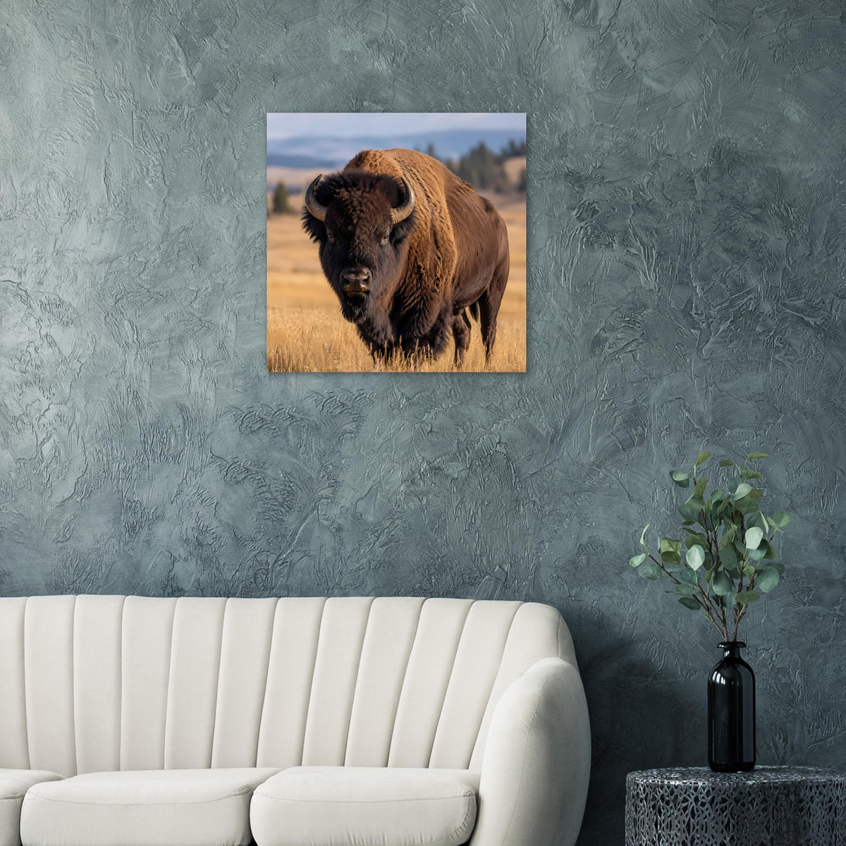 Wildtierposter mit braunem Bison auf Feld, quadratische Fotodruckfläche