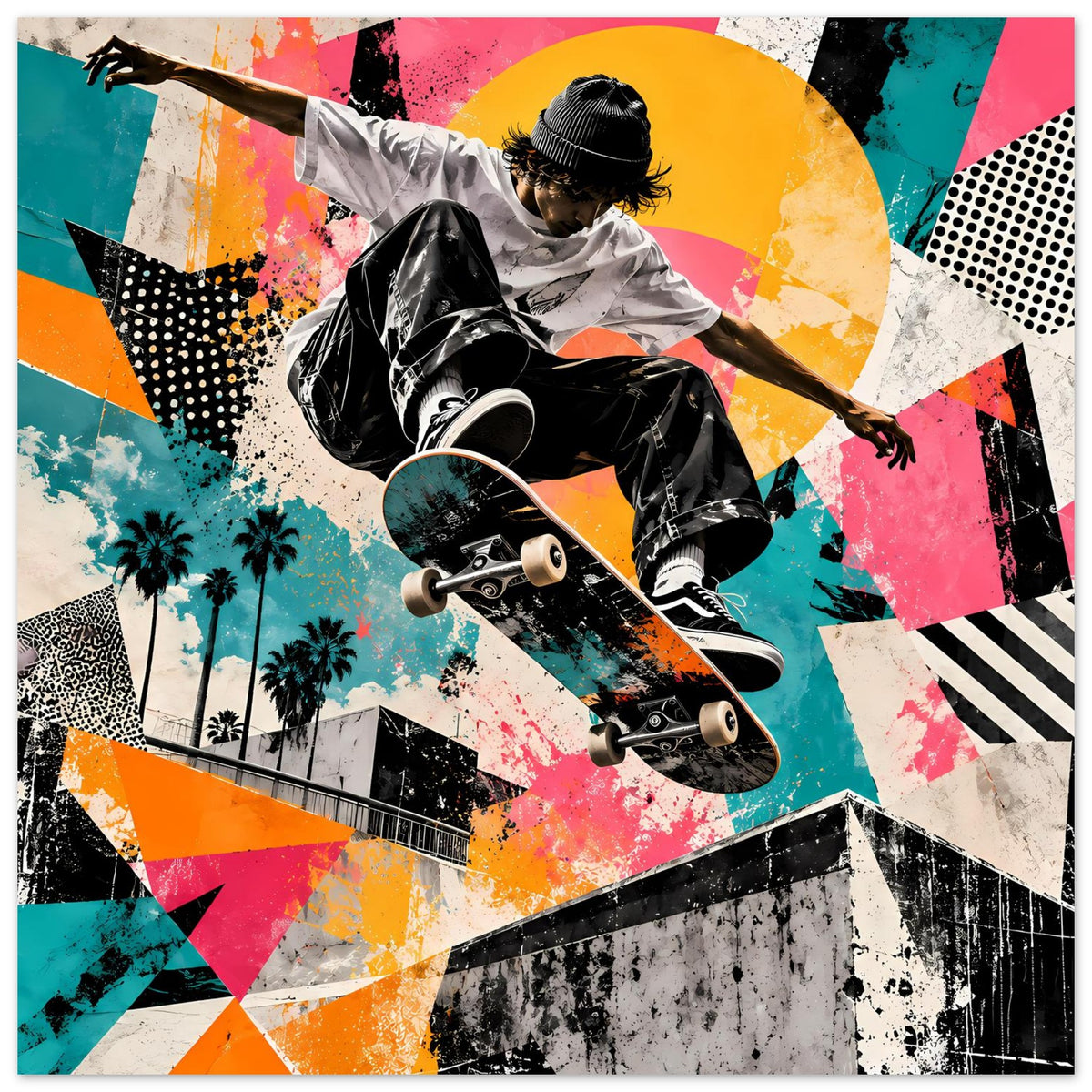 Street-Art-Poster im Hochformat mit Skateboarder, kräftige Neonfarben und Street-Art-Formen