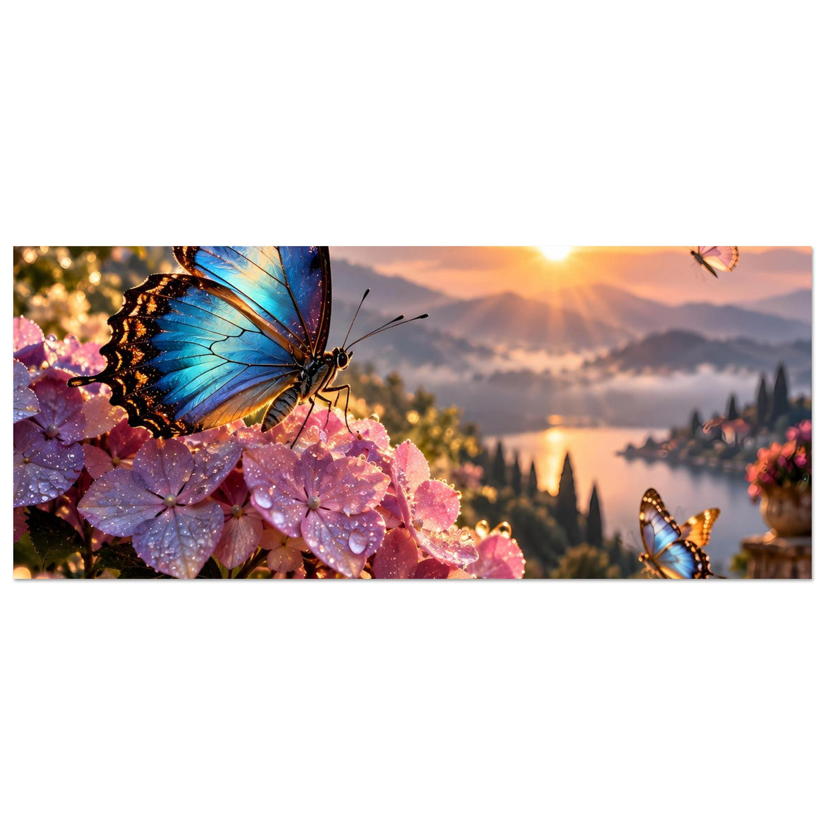 Horizontales Poster mit blauen Schmetterlingen auf rosa Blüten und Sonnenuntergangsstimmung