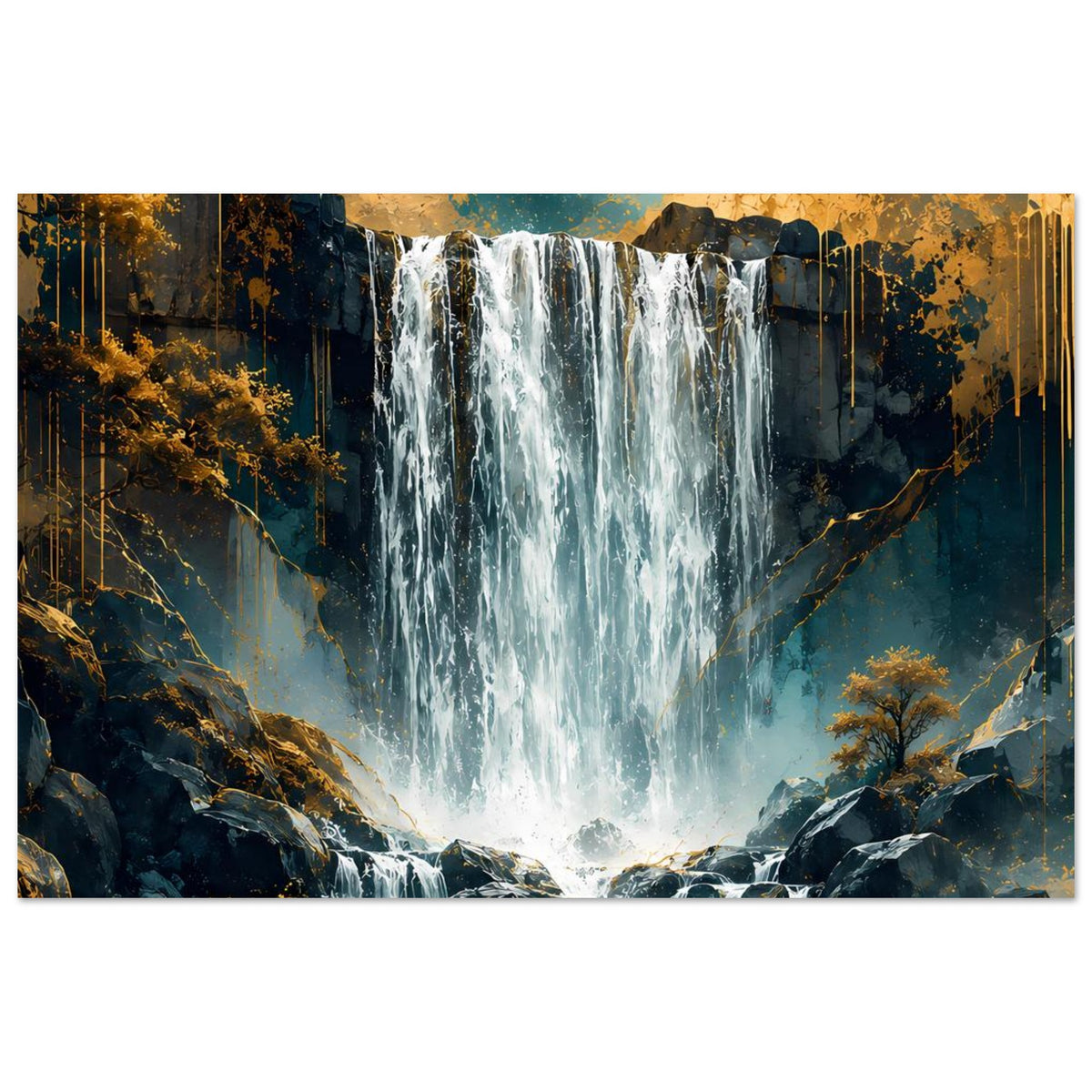 Wasserfall-Poster mit zentralem Wasserfall, Felsen und türkisweißer Gischt mit Goldakzenten