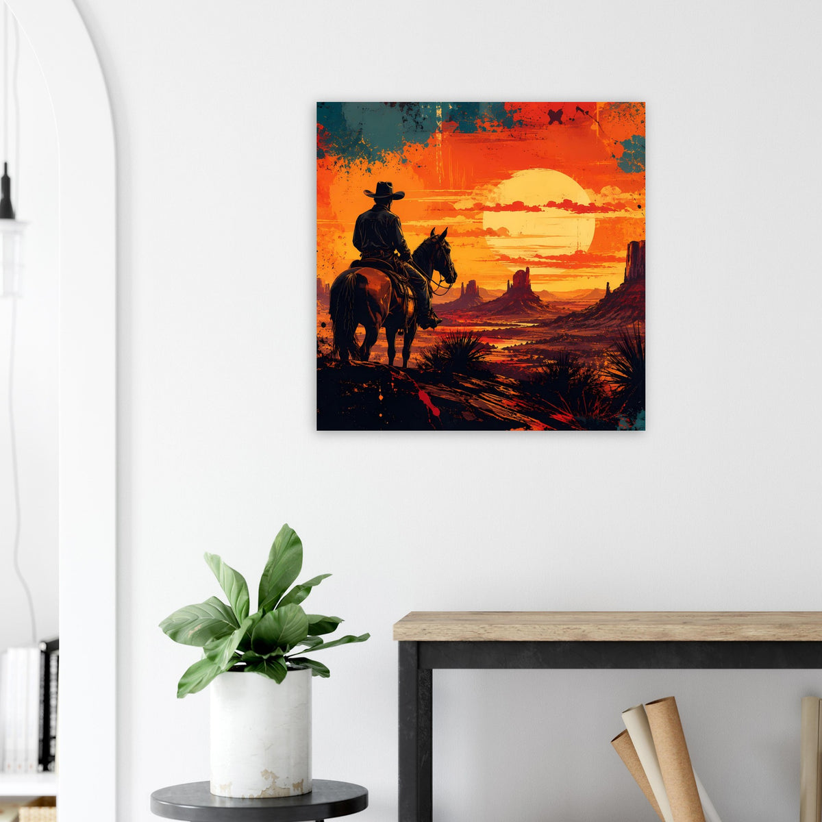 Quadratisches Poster mit Cowboy auf Pferd, Sonnenuntergang in kräftigen Orange- und Rottönen