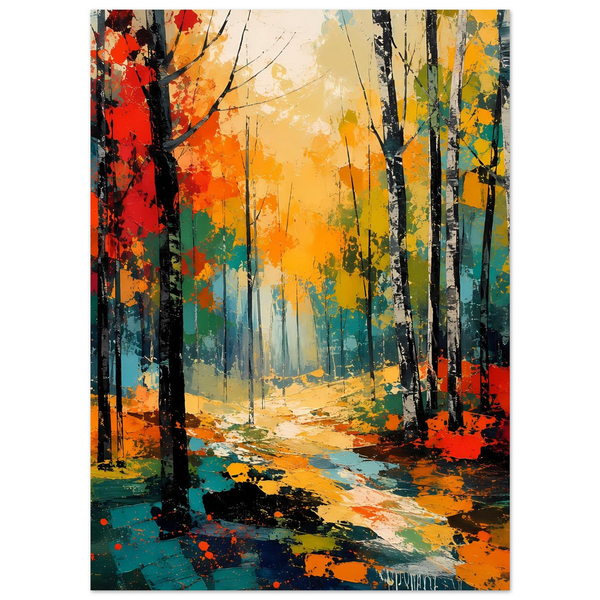 Herbstwald-Poster vertikal: farbige Baumreihen, orange-gelner Hintergrund und Sprühfarben